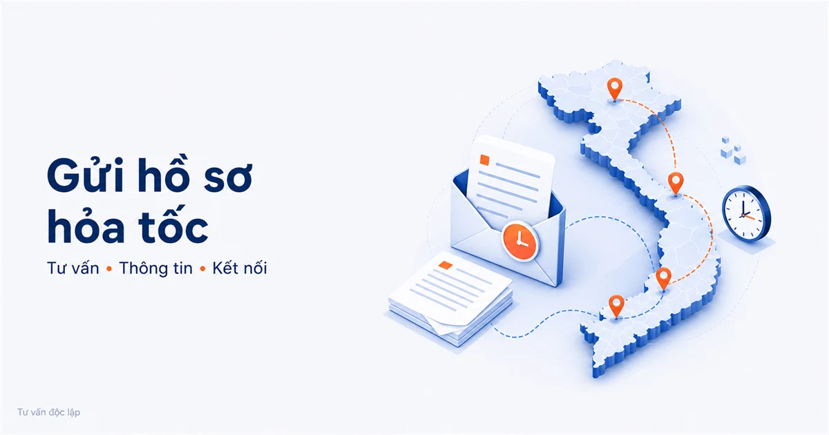 Minh họa tư vấn gửi hồ sơ hỏa tốc với phong bì, giấy tờ và đồng hồ.