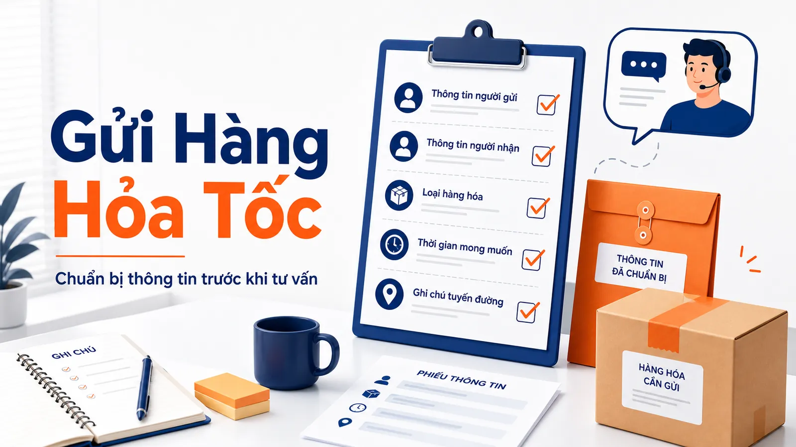 Minh họa checklist thông tin cần chuẩn bị trước khi gửi hàng hỏa tốc.