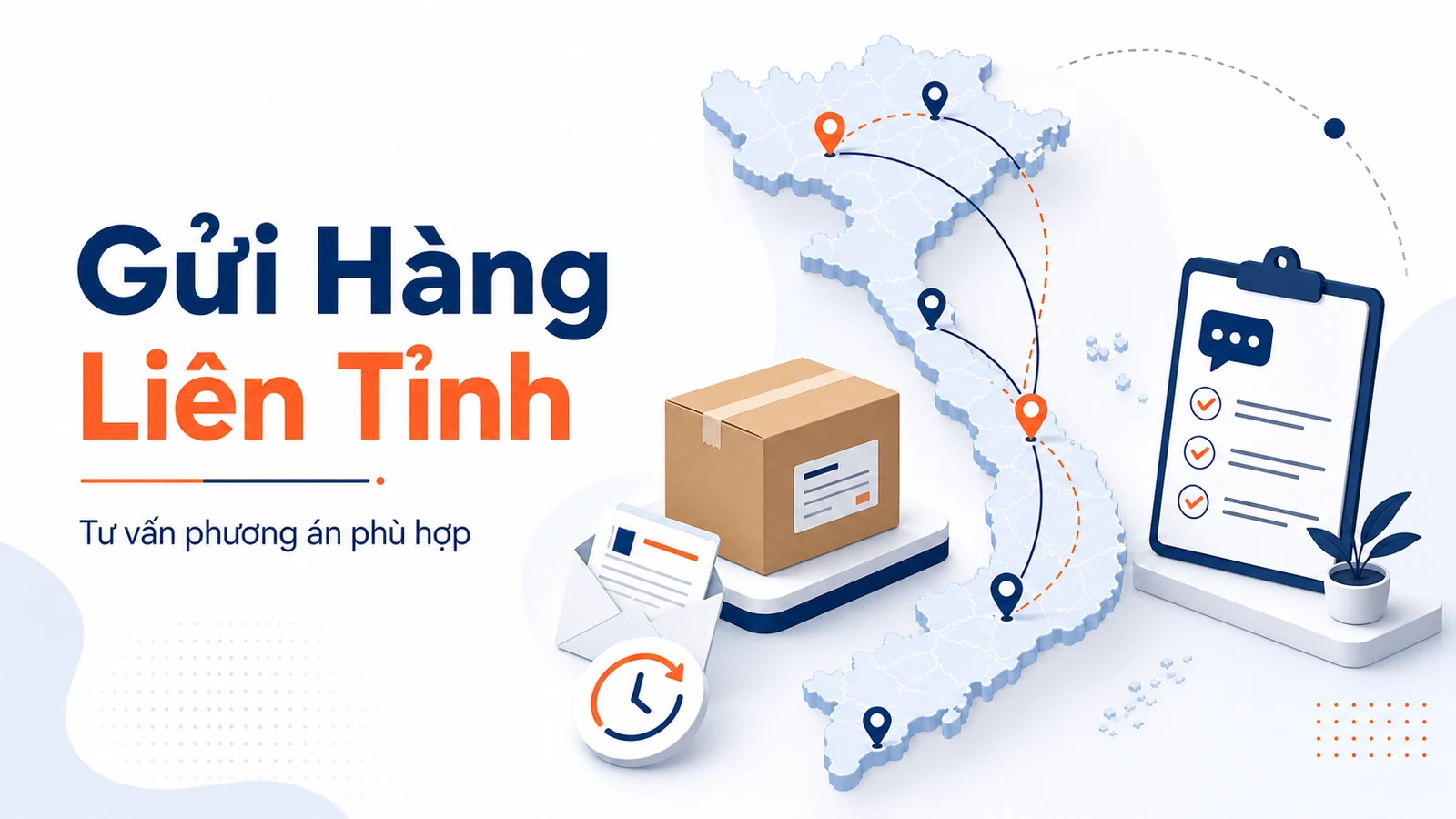Minh họa tư vấn gửi hàng liên tỉnh với tuyến kết nối giữa các tỉnh và checklist thông tin hàng hóa.