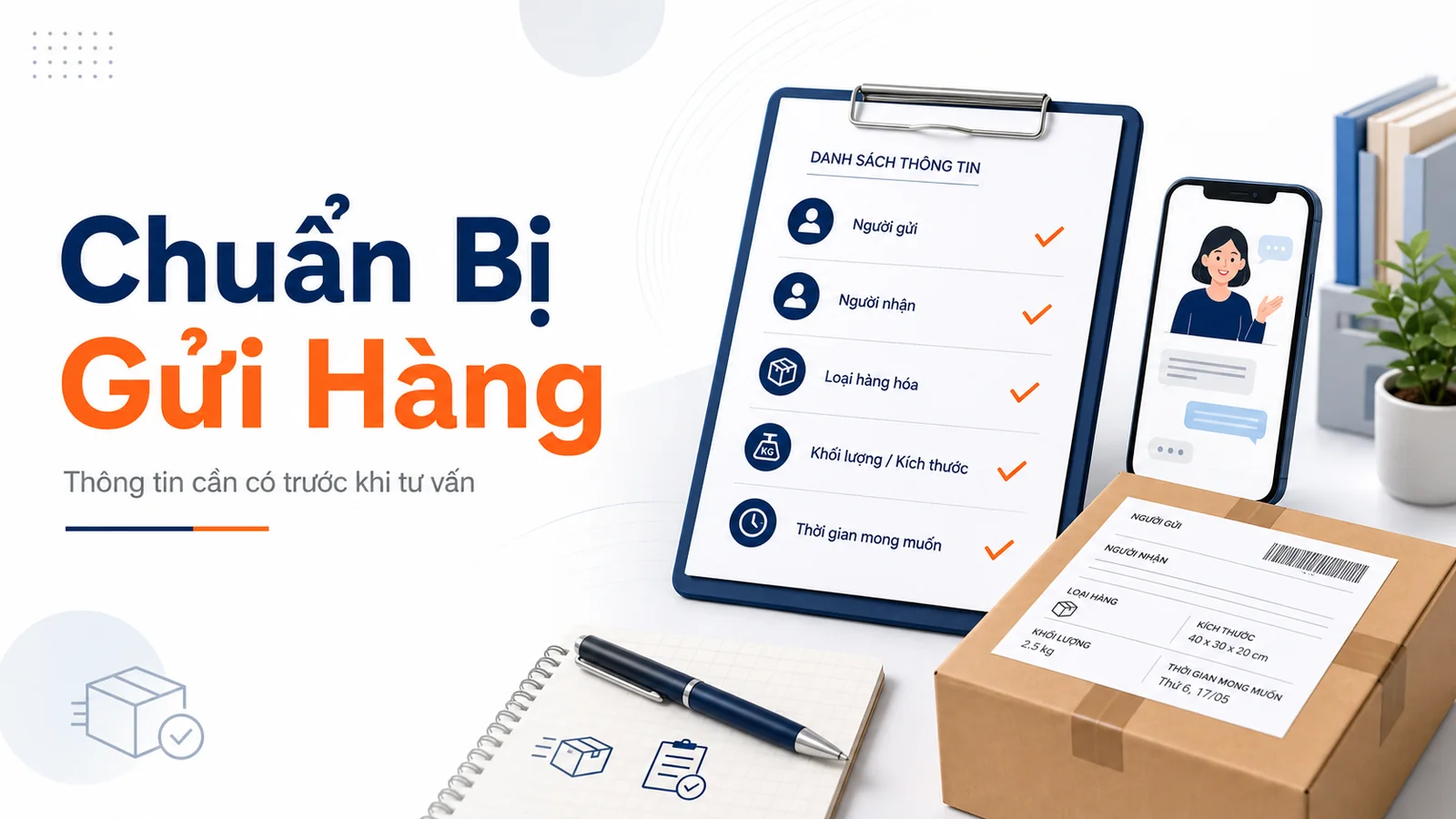 Minh họa checklist thông tin cần chuẩn bị trước khi gửi hàng và trao đổi tư vấn.