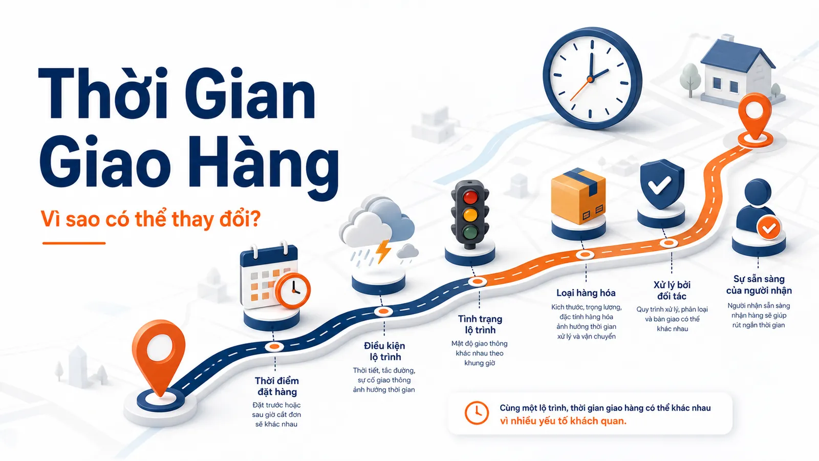 Minh họa các yếu tố ảnh hưởng đến thời gian giao hàng như tuyến gửi, thời điểm và loại hàng.